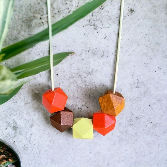 NEW Handmade Wooden Geometric Colorful Statement Necklace Jewelry - Picture 1 of 12